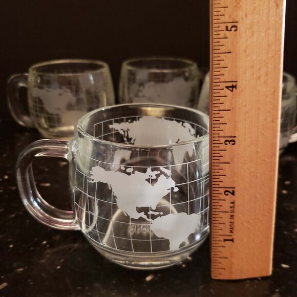 Nestle Nescafe Coffee Cup Mugs World Map Globe Clear Etched Glass Vintage set 6 - Picture 10 of 15